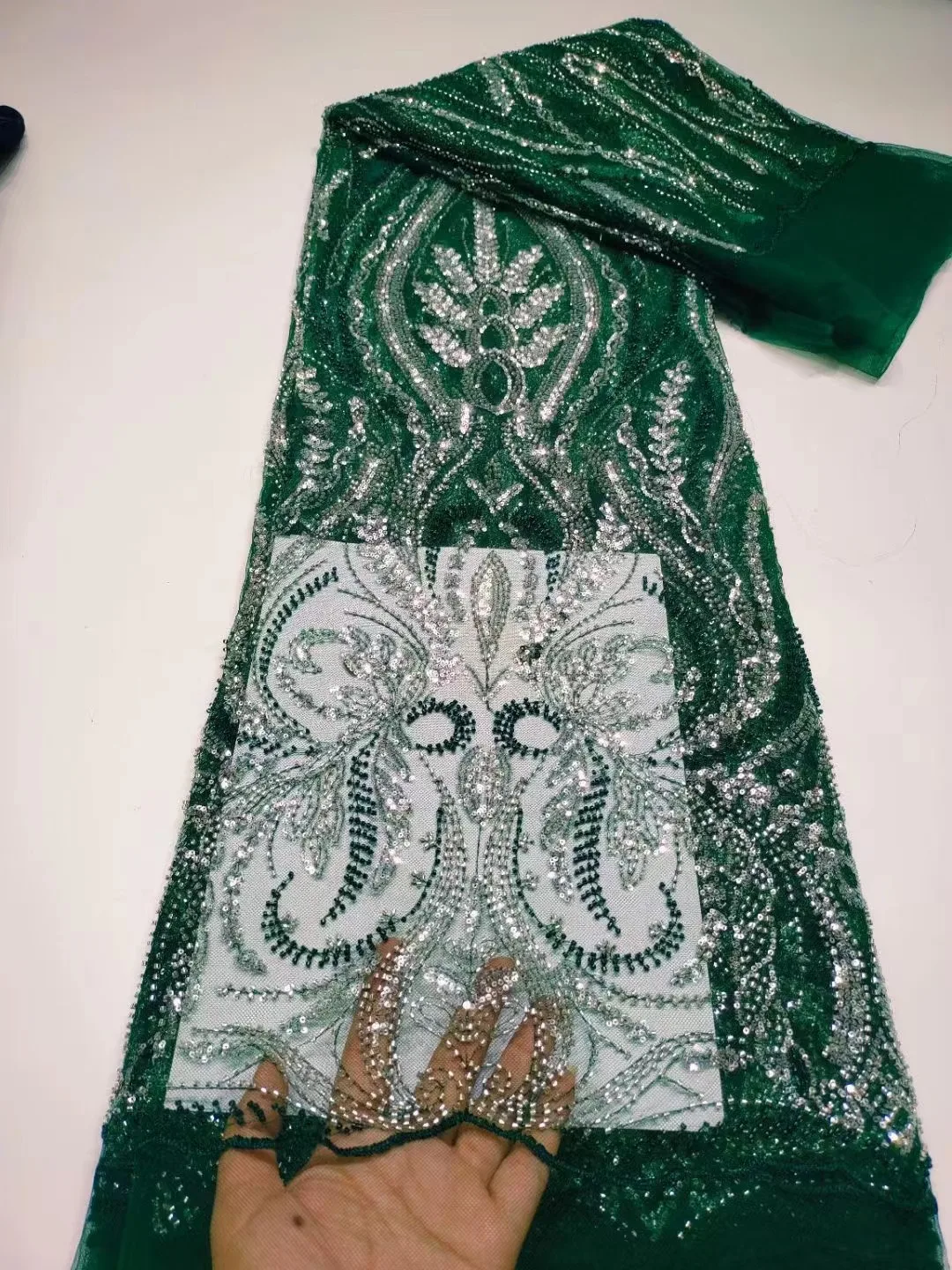 

Green Luxury African Heavy Beaded Wedding Fabric 2023 High Quality Nigerian Sequins Lace French Tulle Fabric For Wedding Dress