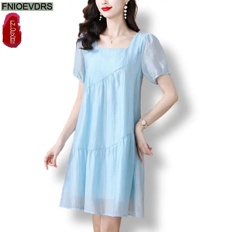 

Summer Casual Loose Dress Women New Hot 2024 French European Style Design Short Sleeve A-line Mini Blue Dress Vestidos