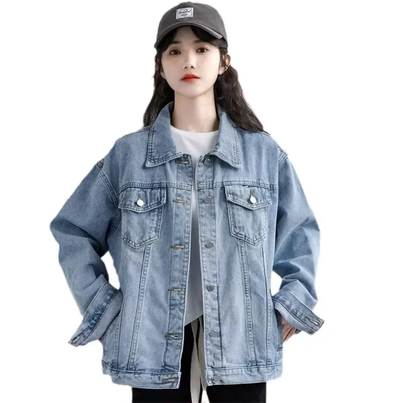 Women Cotton Denim Coat Fall Winter Korean Vintage Casual Oversize Blue Jackets Trend Loose Lapel Long Sleeve Wild Outwear