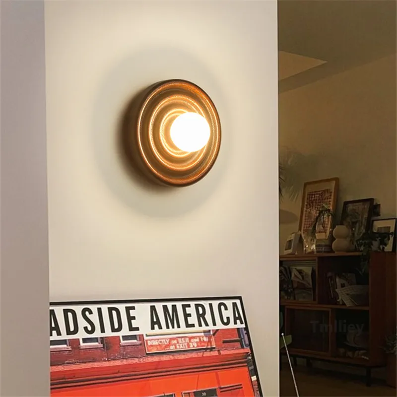 Luz de pared de madera japonesa, lámpara de bola de madera de Fresno circular, decoración de dormitorio, sala de estar, pasillo, lámpara de mesita de noche creativa