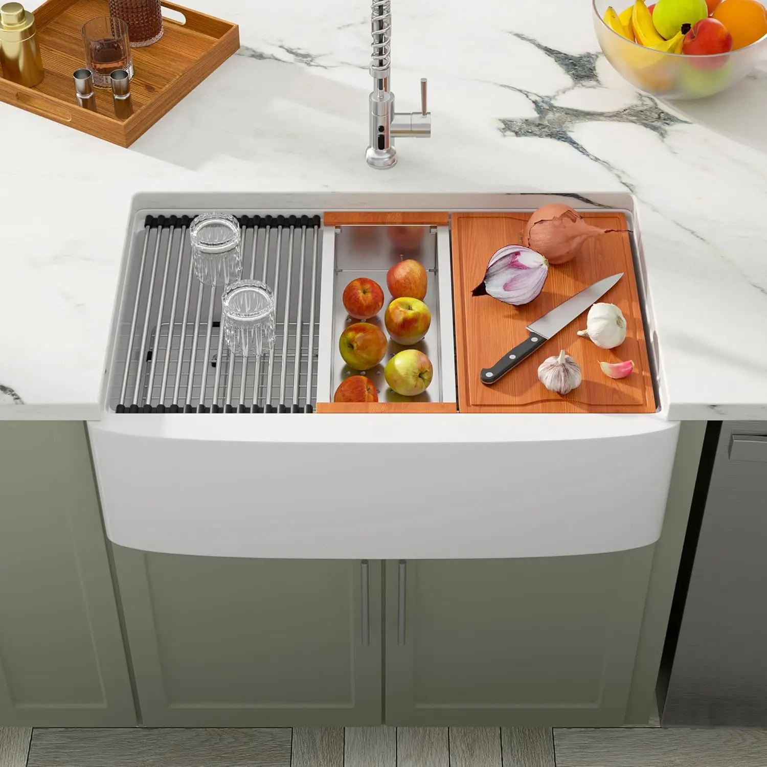 33 Inch White Farmhouse Sink Workstation Ceramic Farm Kitchen Sinks Fireclay Porcelain Single Bowl, 33