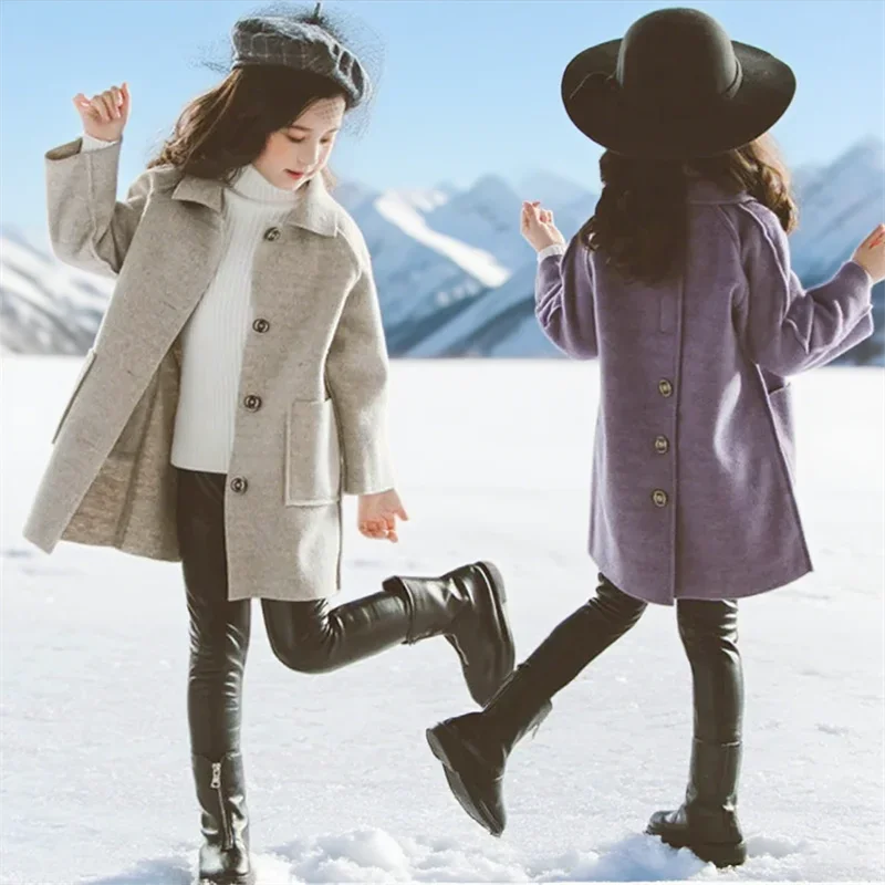 

Girls Woolen Warm Jackets Children Autumn Winter Casual Coats Kids Solid Colour Fashion Outerwear Teenager Casual Clothing 4-12Y