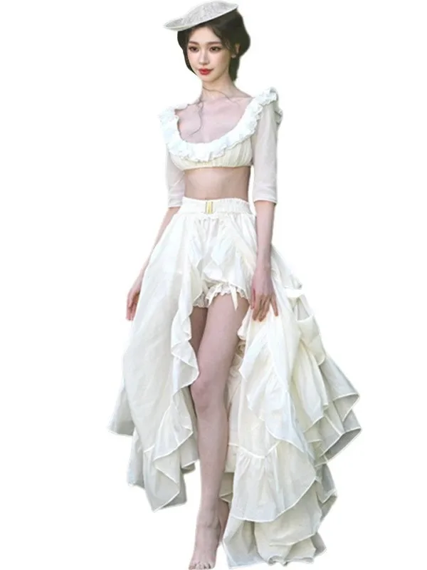 

Irregular Hem Skirt Shorts Set Clean Fit Straight Leg Mid Low Waist Patchwork Design Pure Color Casual Pants Set