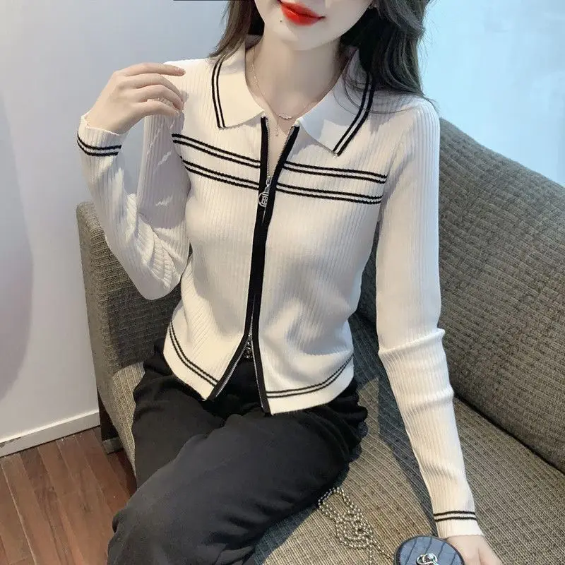 Spring and Autumn Women\'s Splicing Collar New Small High-end Fashion Zipper Lapel Sweater Cardigan Short Slim Fit Trendy Top