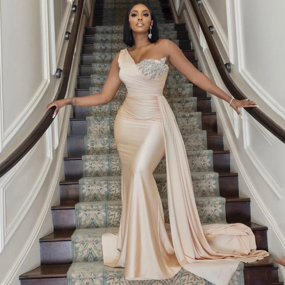 

Champagne Evening Dress One Shoulder Mermaid Evening Gowns for Wedding Draped Beading Women's Formal Party Dress Long Customized