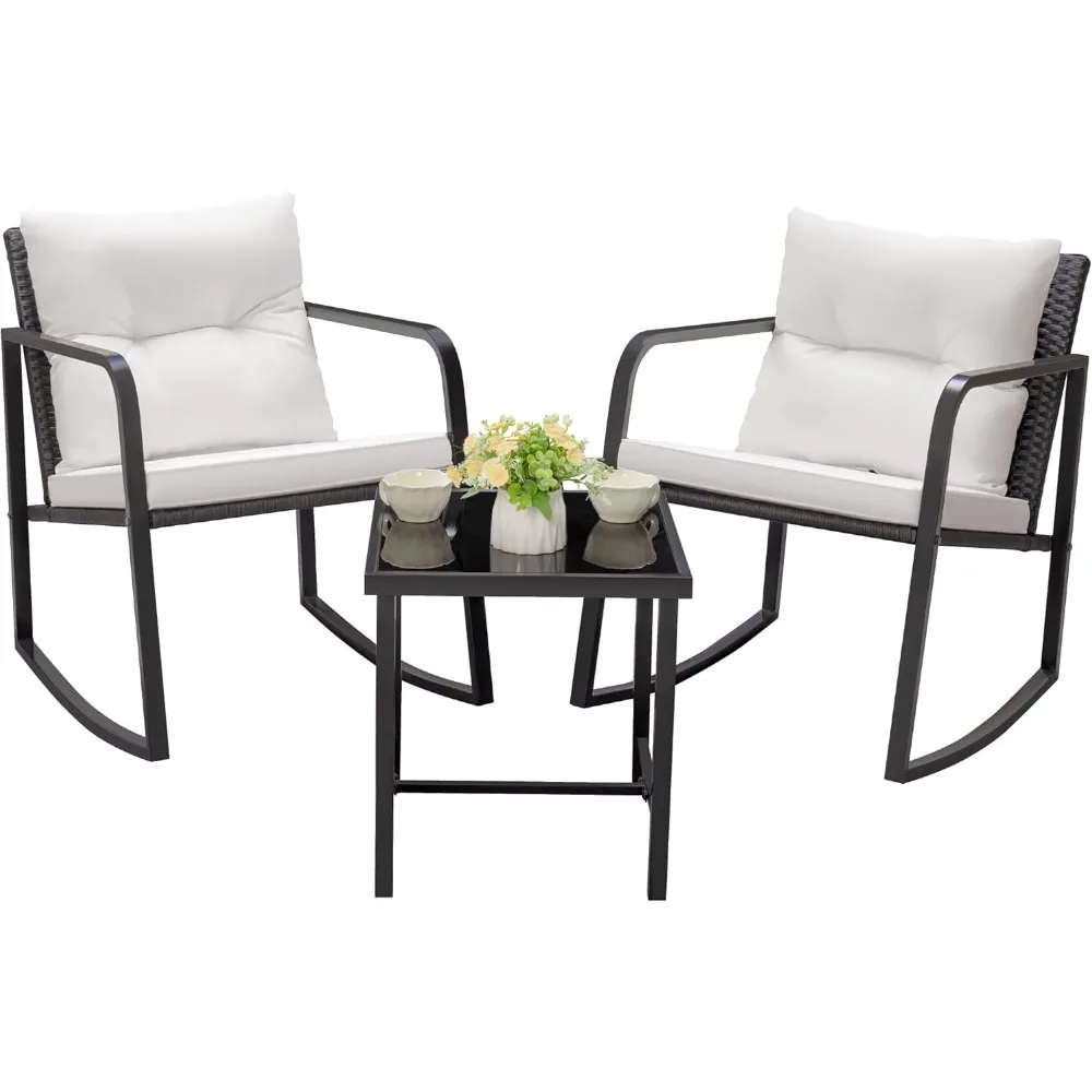 

3 Pieces Rocking Wicker Bistro Set, Patio Outdoor Furniture Conversation Sets with Porch Chairs and Glass Coffee Table, Beige