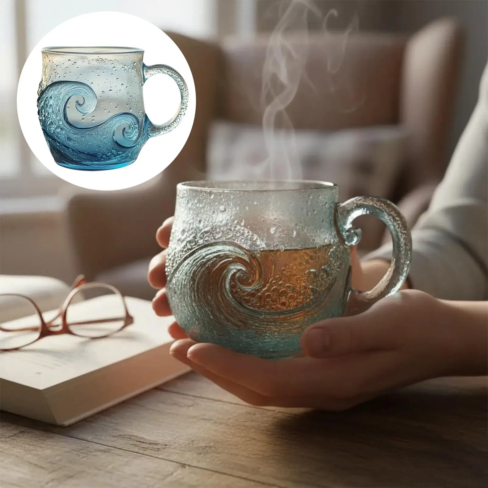 300ml Glass Mug Hand-blown Glass Sea Wave Design Water Bottle Ocean Waves Coffee Mugs With Handle Home Office Milk Tea Mug
