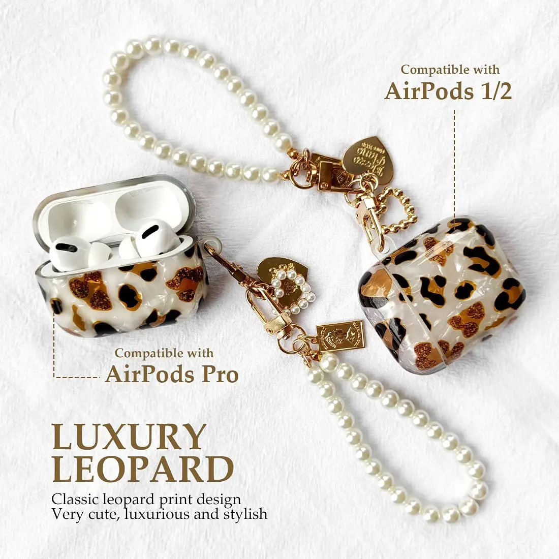 Luxury Leopard Pearl Case for Apple Airpods 1 2 3 Case Bracelet Chain Case for AirPods Pro Retro Case with Lanyard Earphone Box