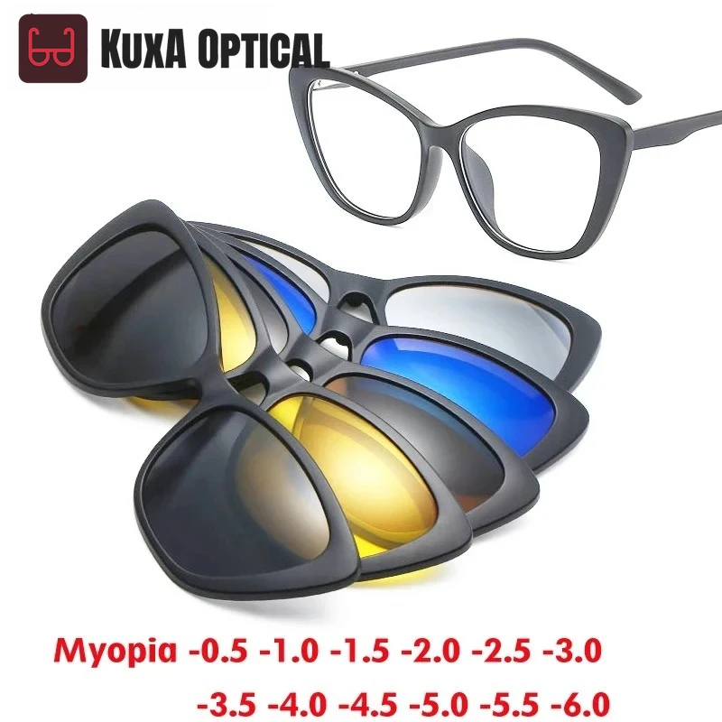 

Xuka 6 In 1 Cat Eye Polarized Myopia Sunglasses Women Magnetic Clip Prescription Glasses Frame Fashion Optical Eyewear -0.5 -10