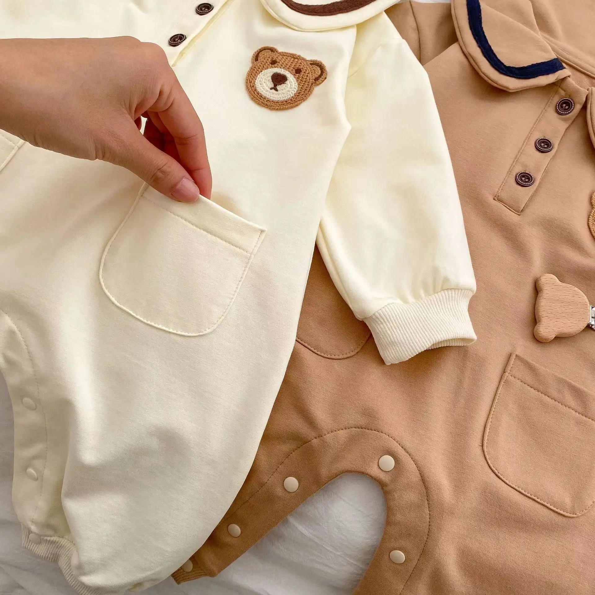 2024 Autumn Newborn Bodysuit Fashionable Baby Baby Solid Color Little Bear Bodysuit Jumpsuit Bag Bottom Coat Climbing Clothes