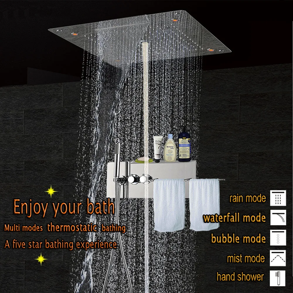 

Concealed Thermostatic Ceiling Shower System Panel Bathroom Shower Set LED Shower Head Waterfall Rainfall Mist Towel bar Rack