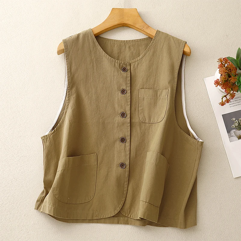 Vintage O-neck Button Pockets Khaki Beige Brown Cotton Cargo Vest Women Spring Fall Sleeveless Jacket Coat Elegant Waistcoat Top