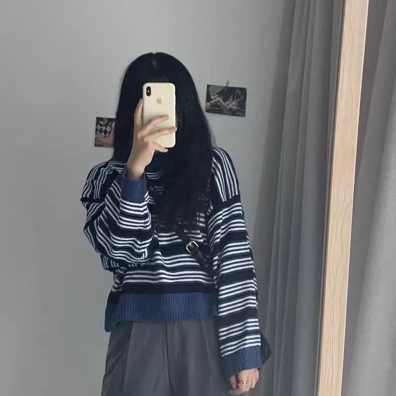 Pullover Sweater Contrast Stripe College Style Korean Style Ins Versatile Loose Lazy Long-Sleeved Top For Women Y2k Sweater