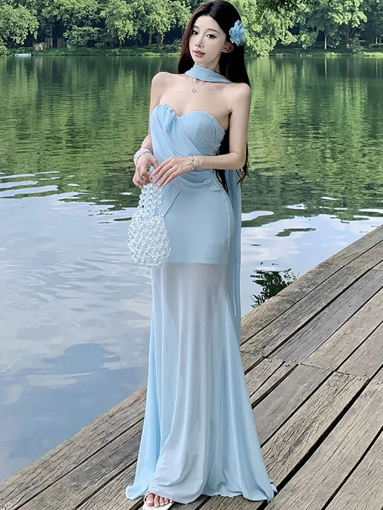 

Women Blue Mesh Chic Chest Wrapping Sexy Dress Summer Elegant Ruffled Beach Style Long Dress 2025 Korean Bodycon Luxury Vestidos
