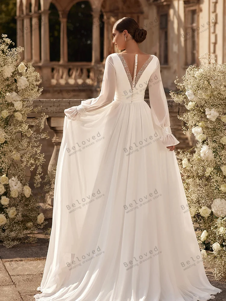 ヴィンテージウェディングドレス Aライン シフォン ブライダルガウン ロングパフスリーブ ディープVネック ローブ クラシック ベスティドス デ ノビア カスタムメイド 2025