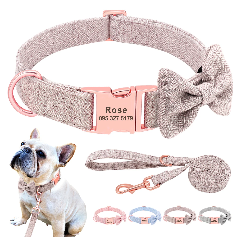 Customized Dog Collar Leash Set High Quality Personalized Pet Collars With Bowtie Adjustable Dogs Collars Leash Free Engraving