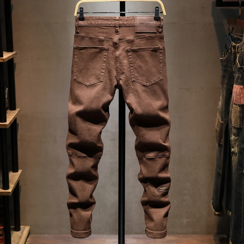 Y2K Fashion New High Quality Men's Jeans Zipper Decoration Water Washed Nostalgic Elastic Slim Fit Retro Khaki Jeans Designer Pa