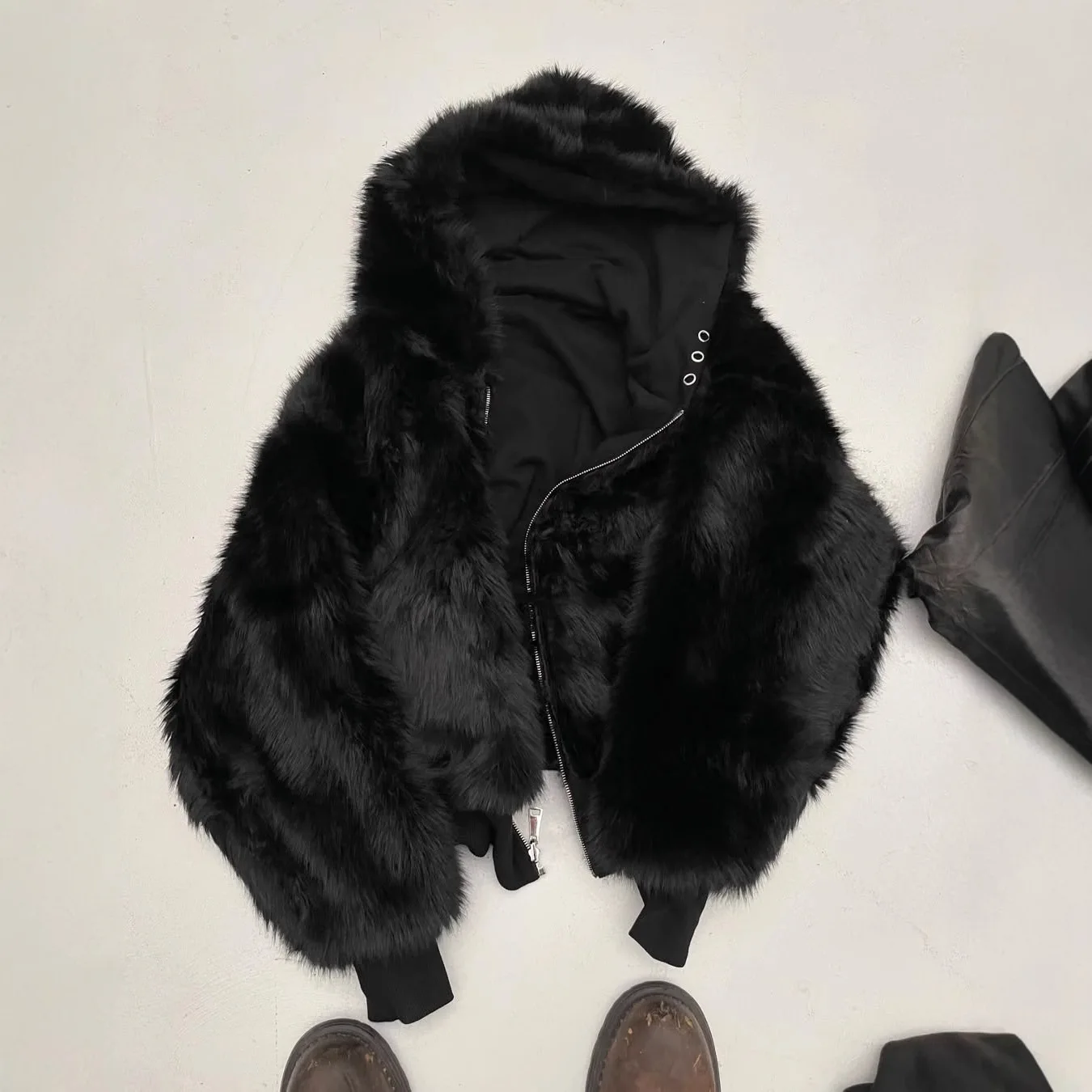 Y2K الشارع الشهير خمر على الوجهين سستة مقنعين لون نقي فروي سترة سترة المرأة الخريف الشتاء موضة بالجملة