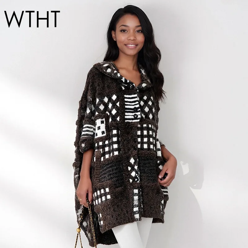 

WTHT 2025 Winter Fashion New Women's Plaid Jacquard Design Thick Cardigan Trendy Hooded Long Sleeves Sweater Female 1LS2671