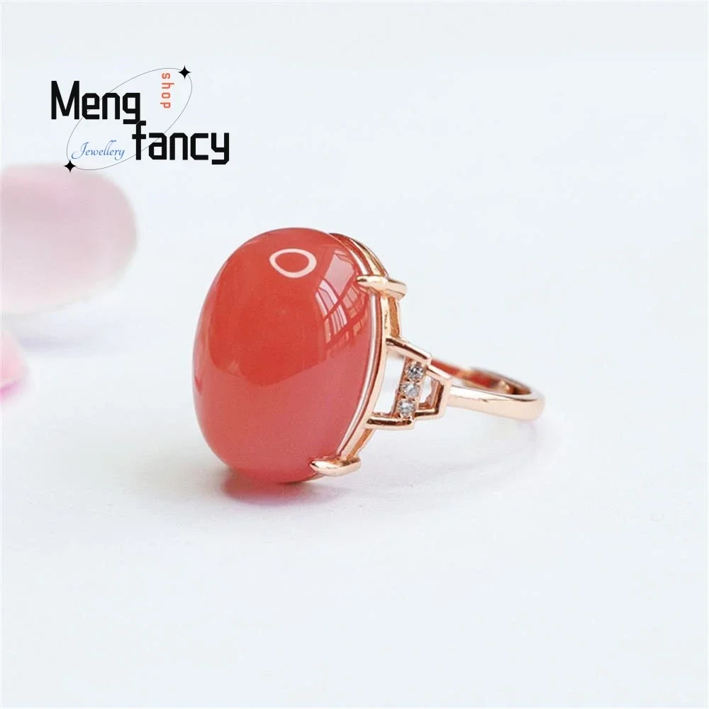 S925 Silver Lnlaid Natural Salt Source Agate Egg Face Ring Simple Elegant High-grade Couple Luxury Quality Jewelry Holiday Gifts