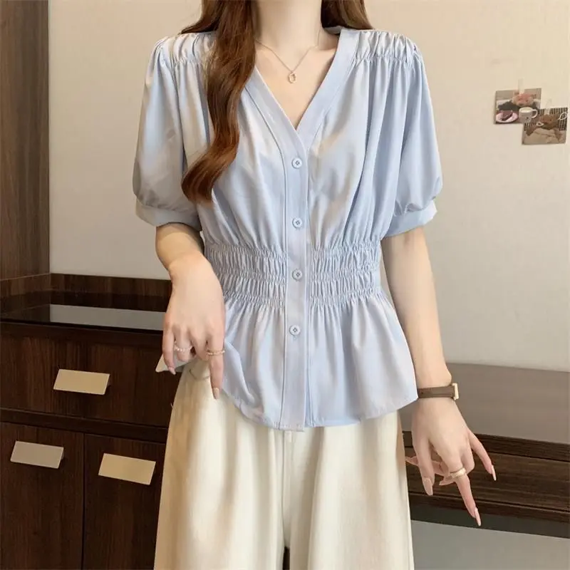 

Large Sized Short Sleeves V_neck Pleated Shirt for Women Summer Casual Loose Splicing Waist Cinched Top Fashion Women Clothing