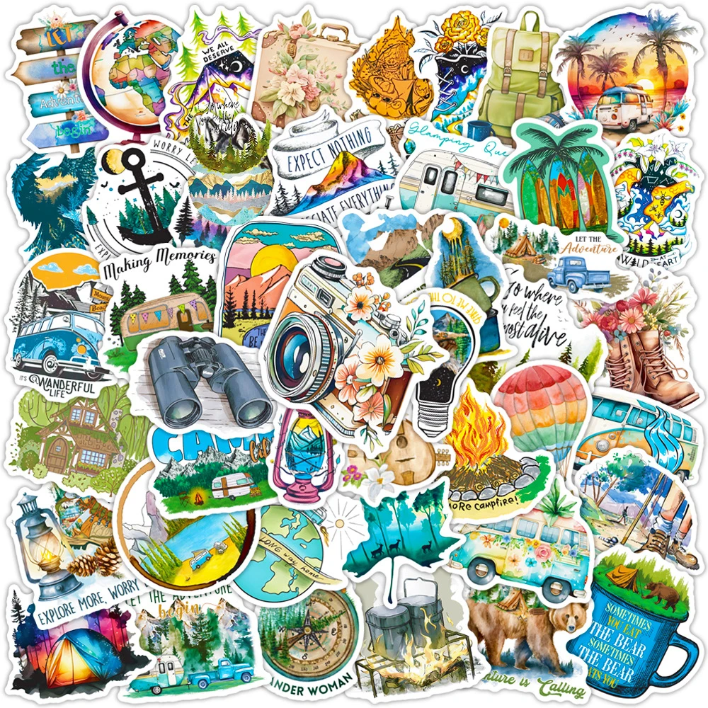 10/30/50pcs Outdoor Camping Travel Cartoon Stickers Wilderness Adventure Graffiti Sticker DIY Phone Case Luggage Notebook Decals