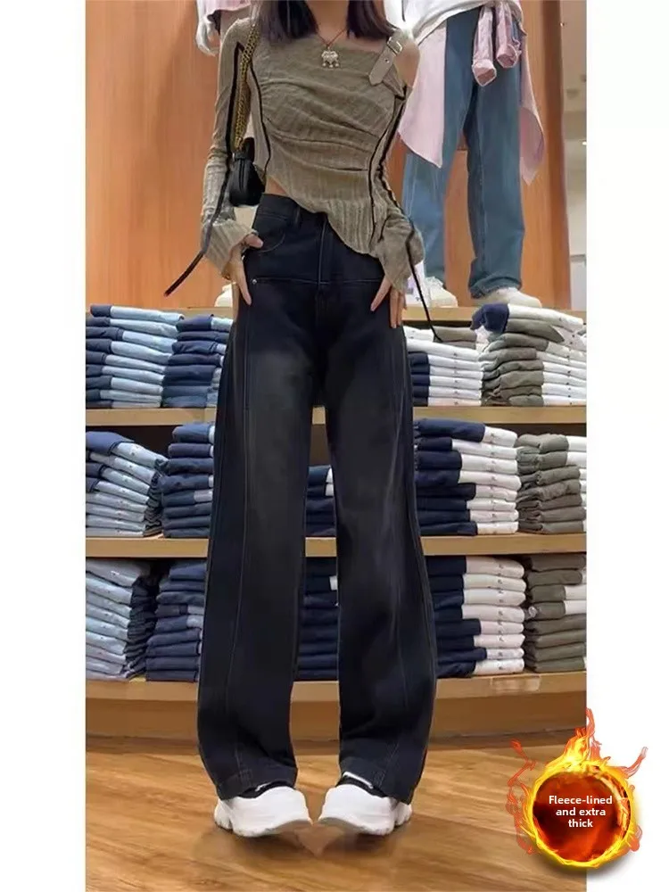 

American Style plus Size High Waist Fleece Lined Wide Leg Jeans Women's Autumn Winter Loose Slimming Vintage Straight Floor-L...