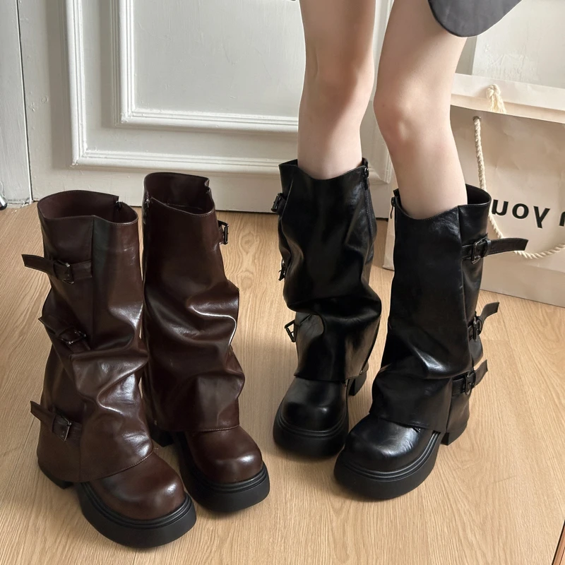Bottes marron rétro à talon épais pour femme, nouvelle collection été 2026, bottines à semelle compensée avec rehaussement de hauteur, portables de deux façons