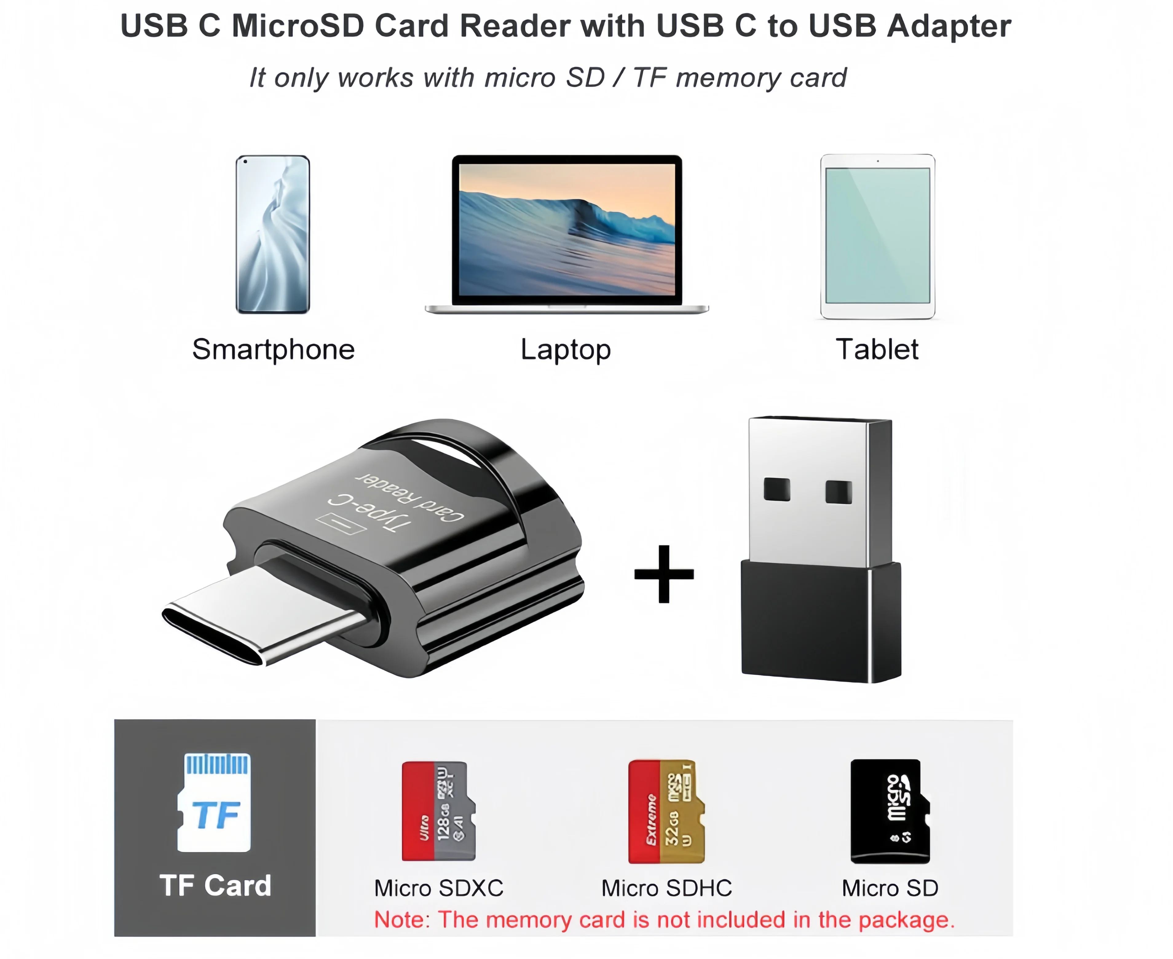 Type C Micro SD Card Reader, BorlterClamp USB C TF Card Reader Adapter with Keychain