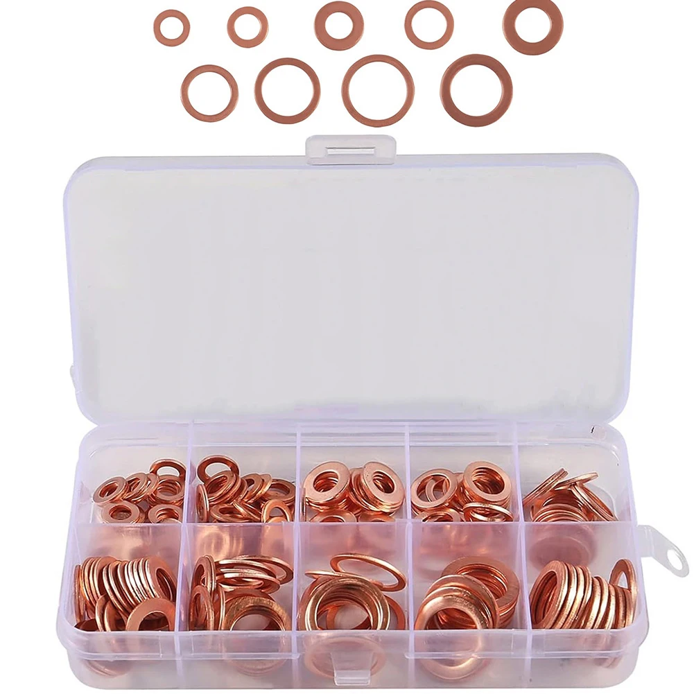 50/100/120 teile/satz Kupfer Unterlegscheibe Dichtung Mutter Und Bolzen Set Flache Ring Dichtung Sortiment Kit Mit Box Dichtung kit