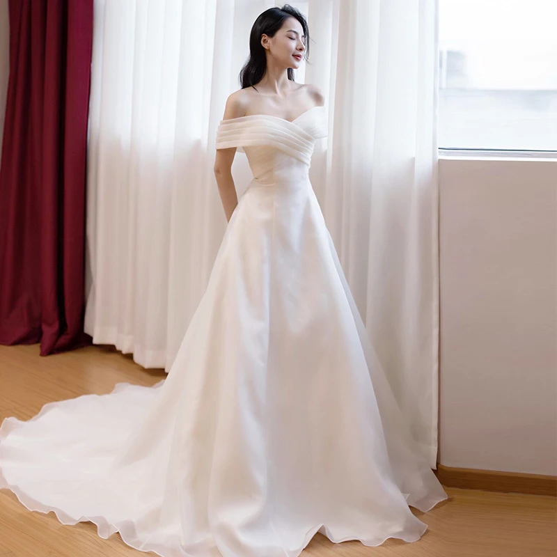 Robe de Mariée Trapèze en Organza à Manches Courtes, Nouveau Design, Dos aux, avec Traîne de Balayage, pour Patients, Quelle que soit l'Éducative, 123