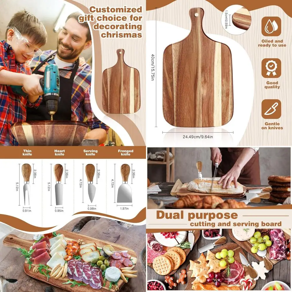 

Набор деревянных разделочных досок из 6 предметов с ручкой и инструментами для сыра — идеально подходит для мяса, сыра, овощей, подарков и особых случаев