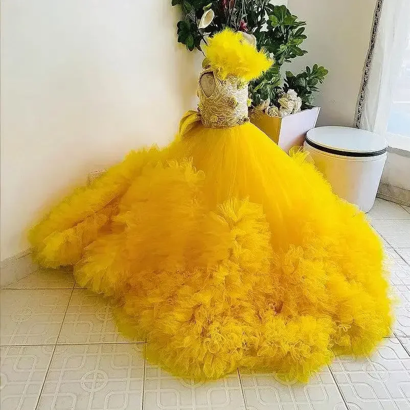 Custom Flower Girl Dress Feather Tulle Wedding Party Dress Kids Birthday Pageant Ruffle Trailing Formal Ball Gown فساتين بنات