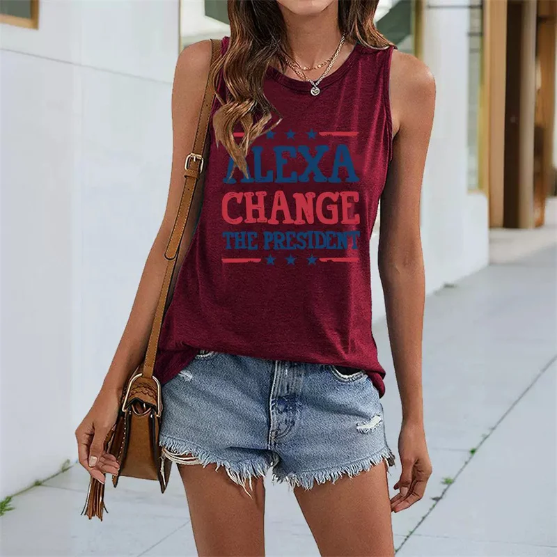 

New summer fashion cotton women's alexa change the president printed sleeveless vintage crew neck tank top