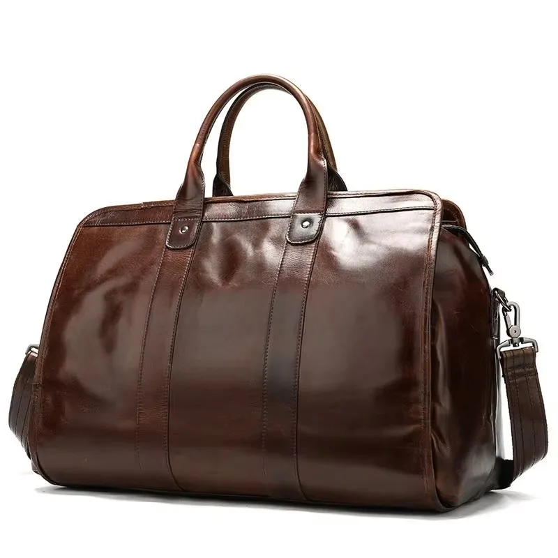 Men's Leather Duffel Bag Top Handle Handbag Large Capacity Men's Sports Gym Travel Bag Leather Travel Bag