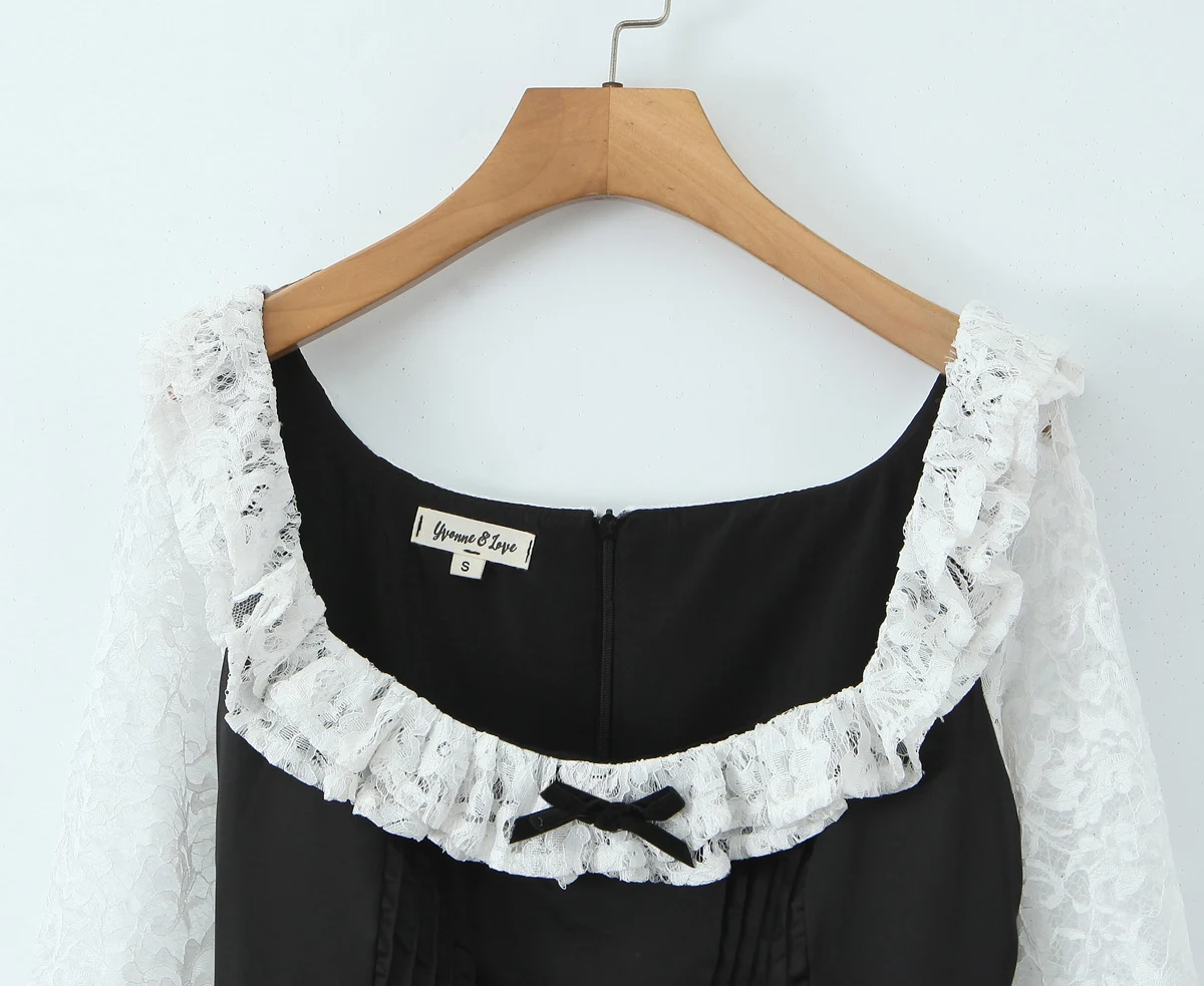 2025 nowa wiosna z długim rękawem czarne łączenie biała koronkowa Mini sukienka kwadratowy dekolt łuk satynowa talia sukienki damskie