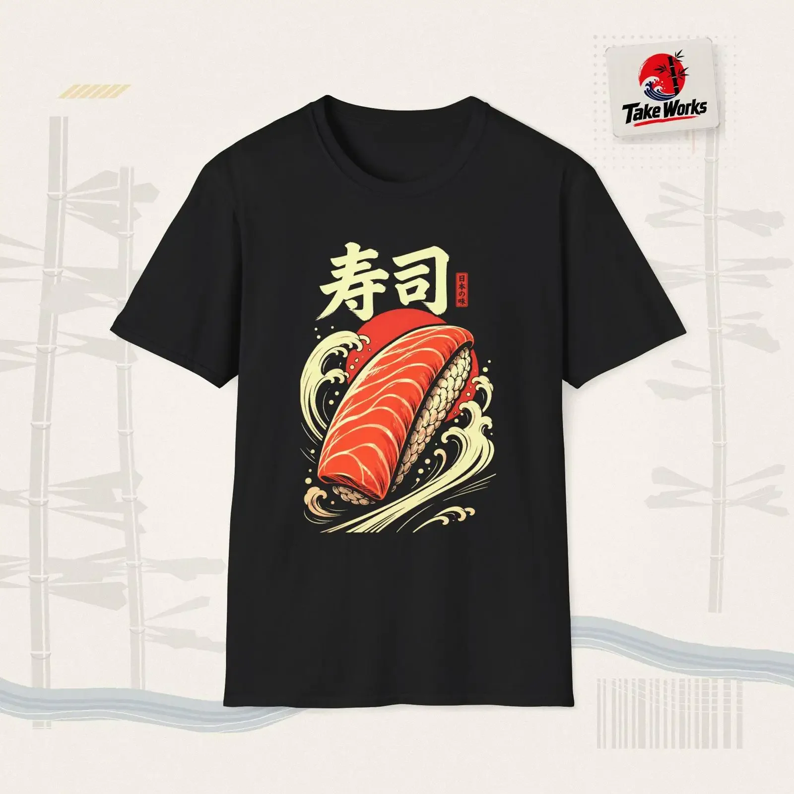 Sushi Nigiri Salmon Waves Japanese Food Art vintage Washed Comfortable homme Slightly designer clothes fashion streetwear