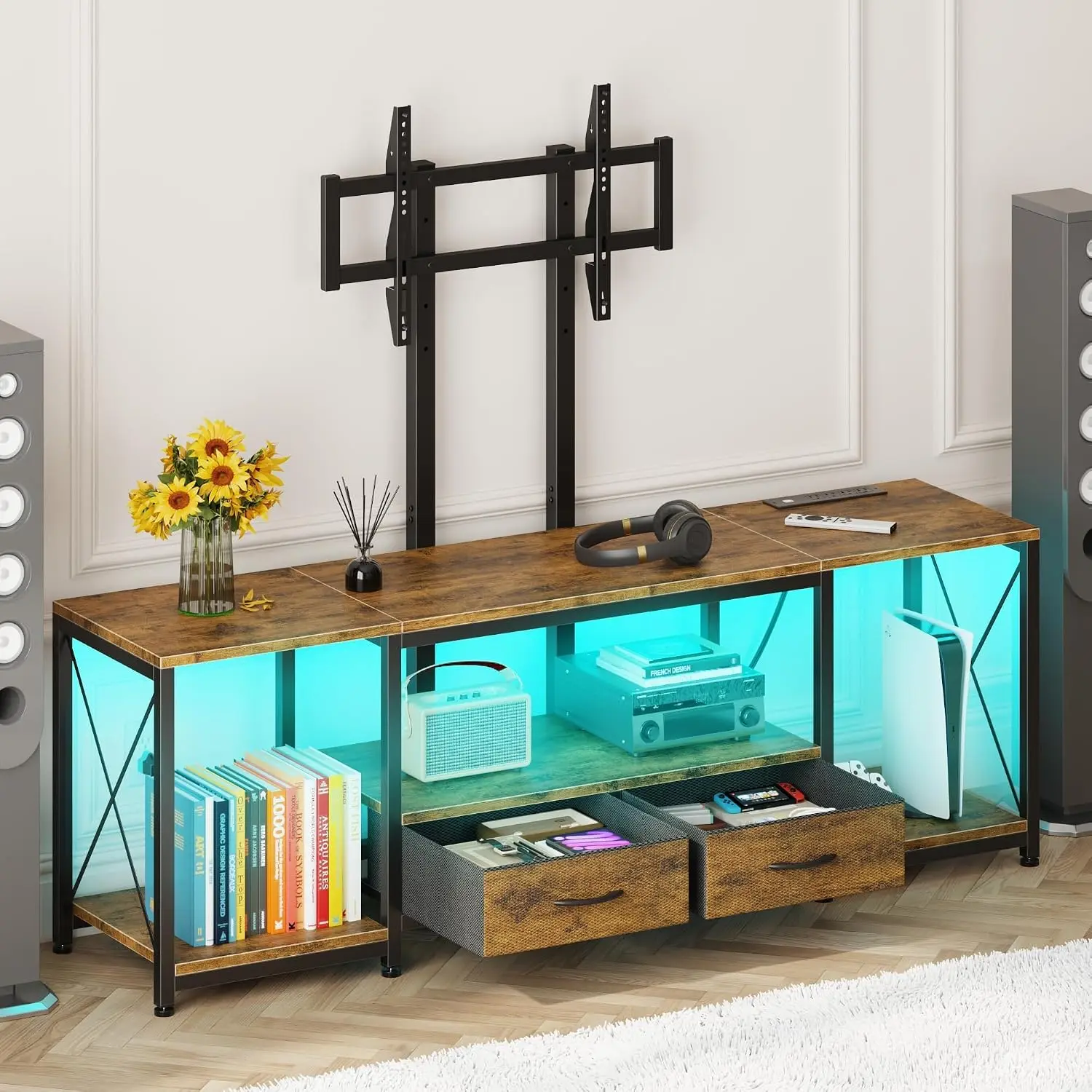 LED TV Stand Mount Outlet Drawers 32-85 Inch Entertainment Center Corner Living Room Bedroom 55 Brown VESA 600x400mm, Customized