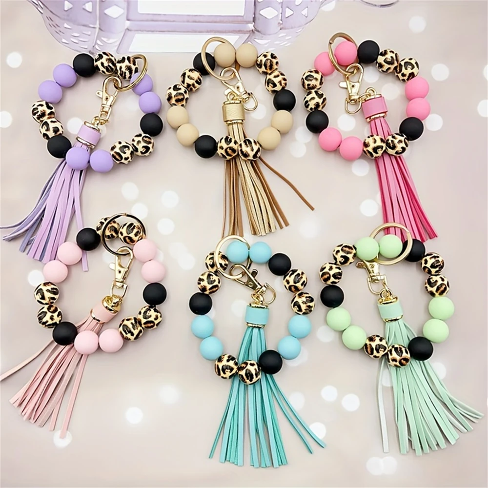 1pc Keychain Leopard-print Acrylic Bead Bracelet With PU Tassels And A Keychain Keyring Fashion Girl