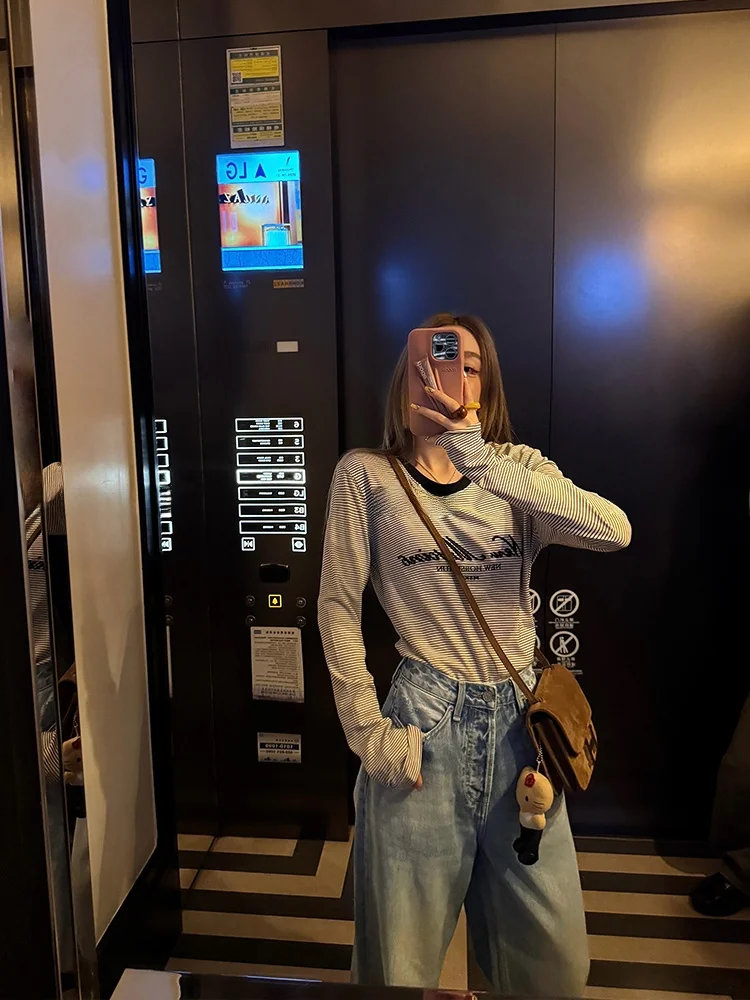 

MSKIN6 Женская футболка Slim Fit с длинными рукавами, 100% хлопок, с буквенным принтом, повседневная, дышащая, удобная, с круглым вырезом