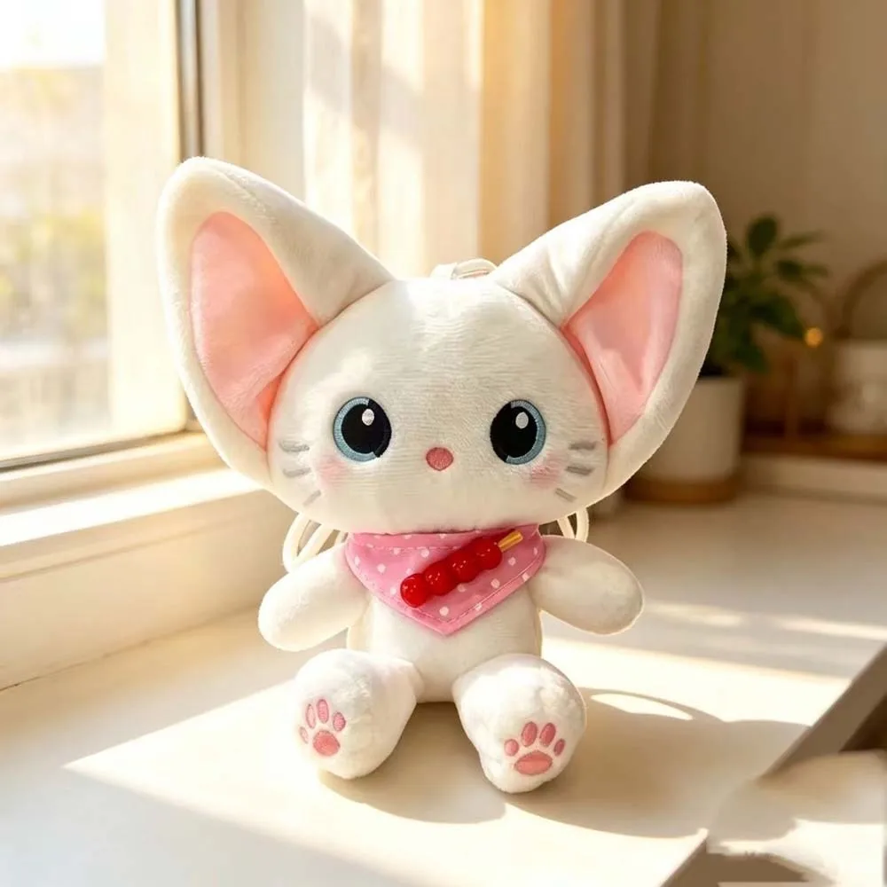 Ribbon Bow Plush Cat Keychain Soft Velvet Stuffed Big Ears Cat Charm Embroidered Paws Beaded Necklace Cute Kitten Pendant