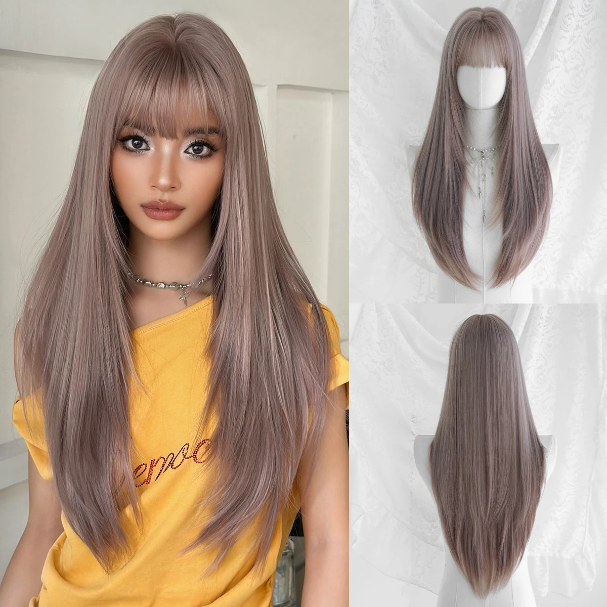 Lange, glatte, hellviolette Perücke für Damen, synthetisch, geschichtet, hitzebeständig, modisch, sofort tragbar, mit ordentlichem Pony
