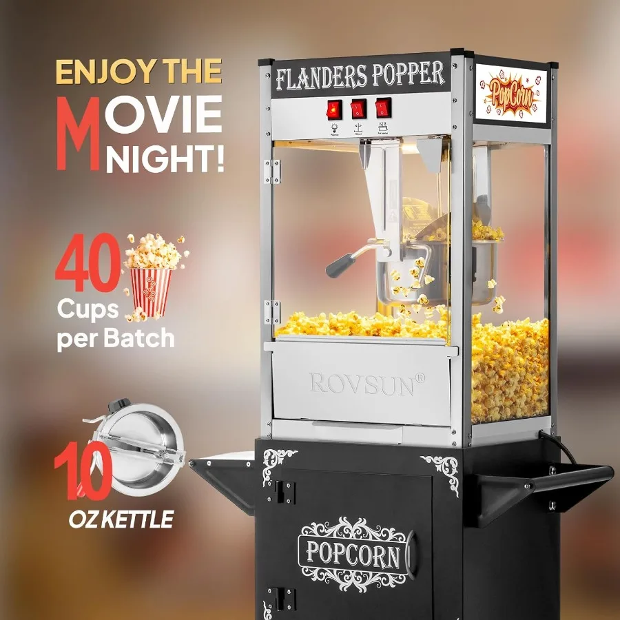 ماكينة صنع الفشار بعجلات العربة، غلاية سعة 10 أونصة، ماكينة صنع الفشار المعتمدة من ETL مع مغرفة زيت من الفولاذ المقاوم للصدأ #5