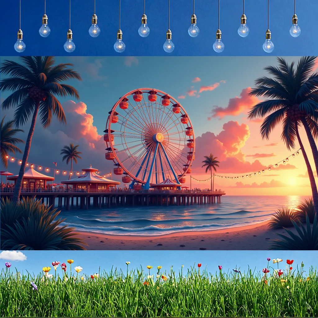Decorazioni da spiaggia Tema tropicale Banner al tramonto Banner scenico Luci Decorazione Banner al mare per la celebrazione serale Evento all'aperto