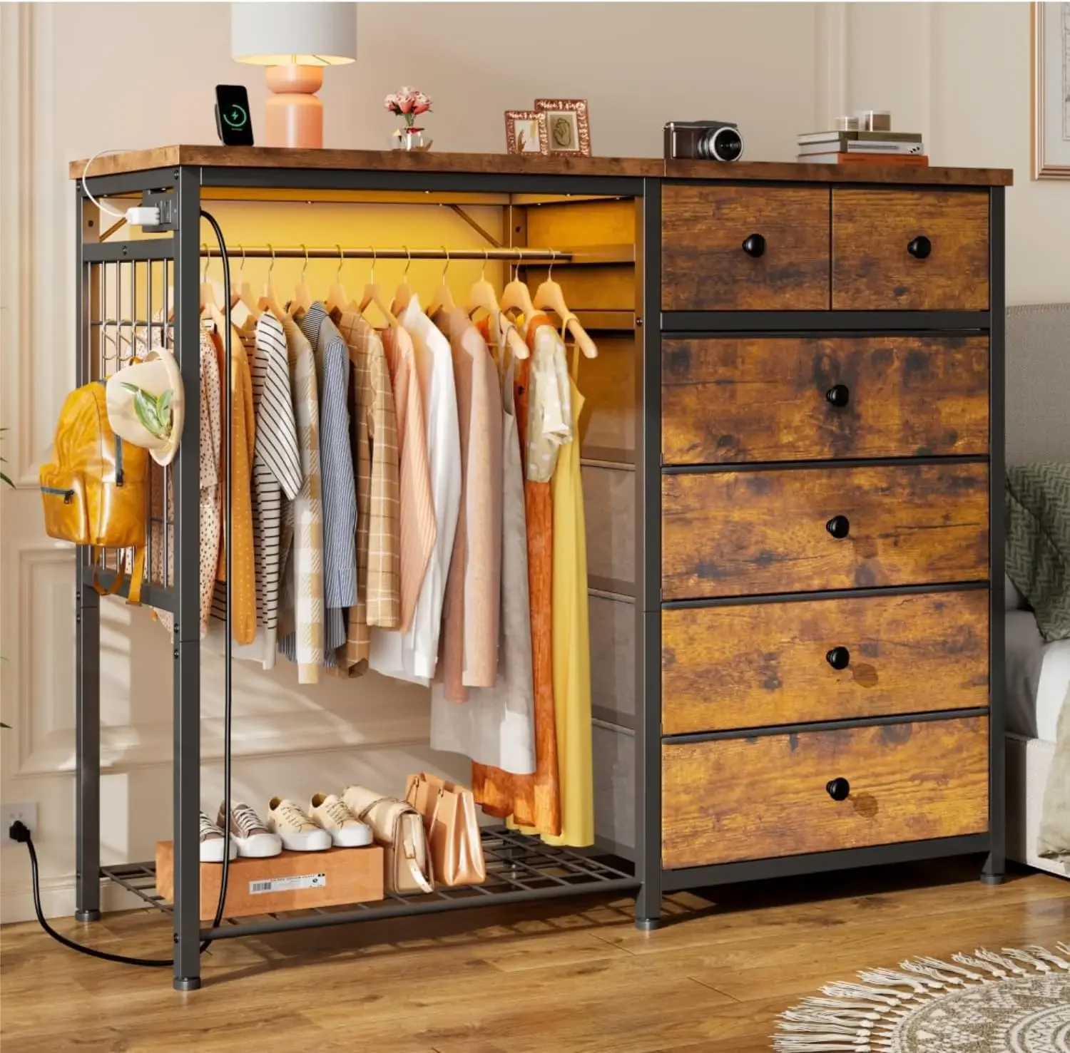 49.2" W Dresser with Hanging Rack & 6 Fabric Drawers – Wooden Top Organize Unit Featuring LED Lights, Charging Station & Grid Panel & Hooks for Bedroom, Rustic Brown