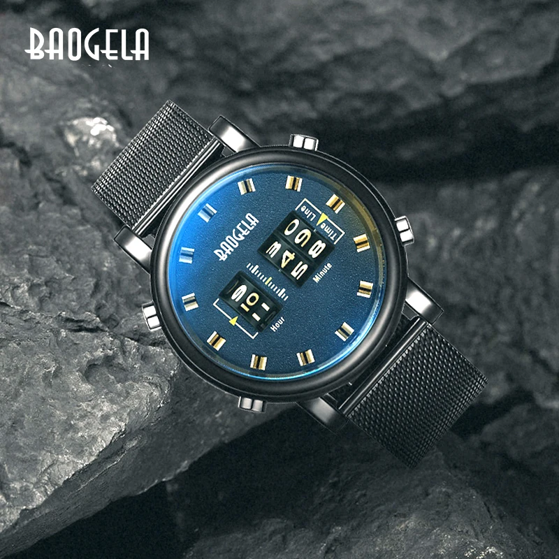 BAOGELA New Luxury Watches Men Military Sport Roller Pointer Quartz Watch Man Fashion Stainless Steel Mesh Strap Wristwatch