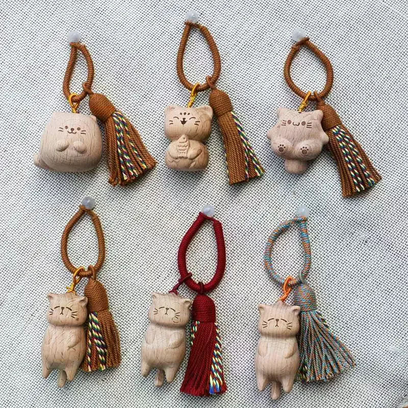 Retro Wooden Cat Keychain Hand Carved Cute Kitty Bag Pendant Charm Tassel Gift For Women Girl Couple Fashion Jewelry Accessories
