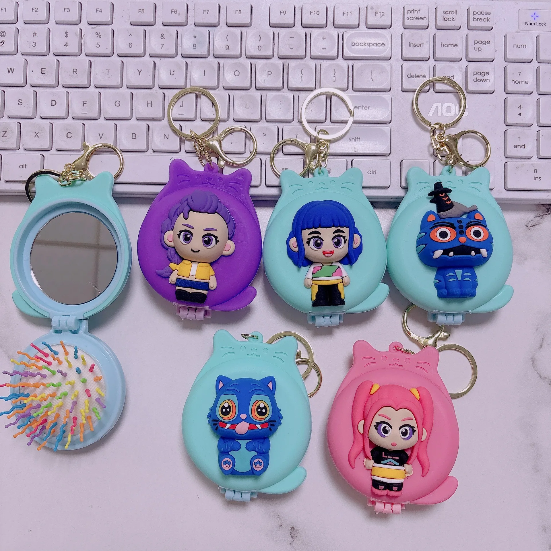 

1/5pcs KPOP Demon Hunter Keychain with Foldable Makeup Mirror Functional Cute Bag Charm Portable Mirror Accessory Gift