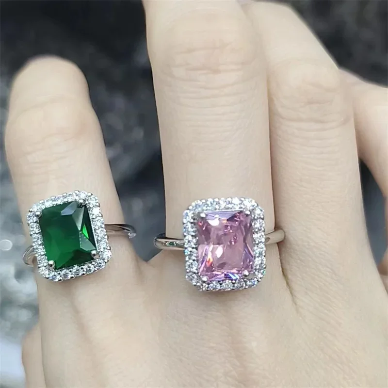 Elegant Sparkling Emerald Open Zircon Ring for Women Adjustable Luxury Silver Color Inlaid Square Green Pink Zircon Rings