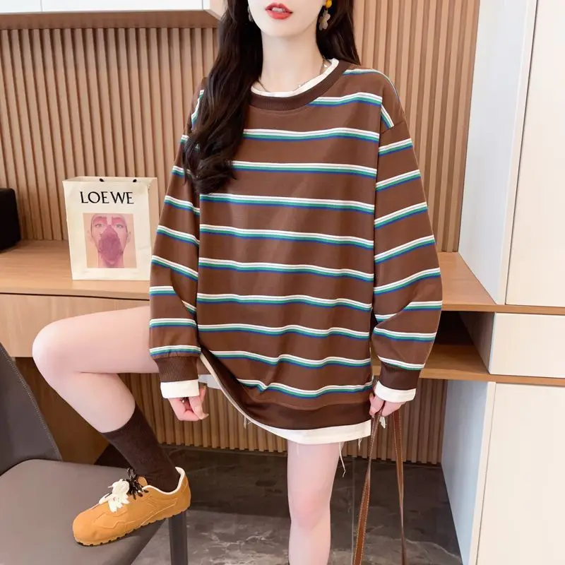 Women Loose Round Neck Long Sleeve Pullover Outfits Early Autumn Thin Striped Casual Sweatshirt Hoodie Oversize Fake Two Piece